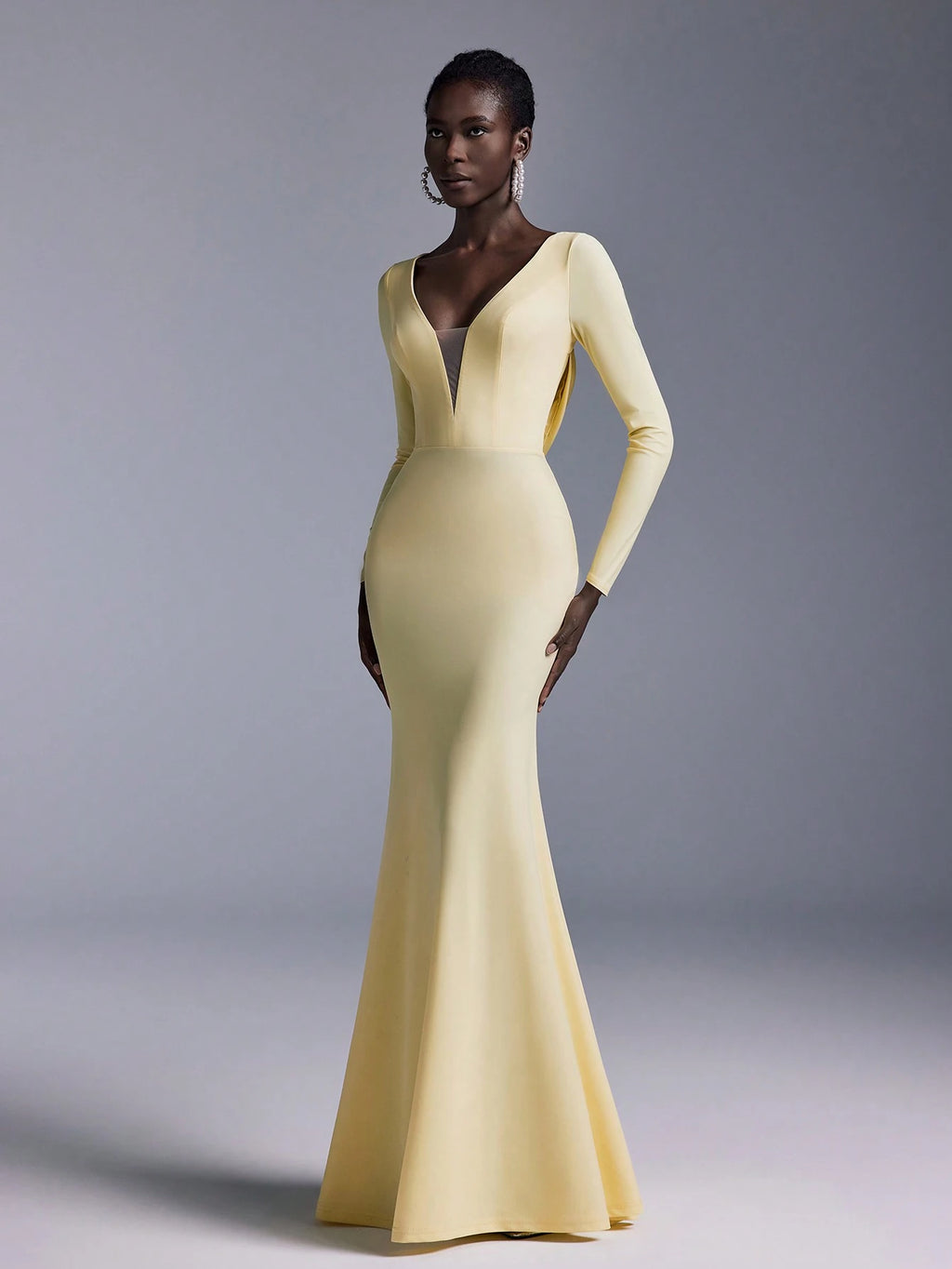 Elitara Elegant Glamorous Backless Long Sleeve Mermaid Dress,Light Yellow Spring Evening Wedding Stretchy - image 6
