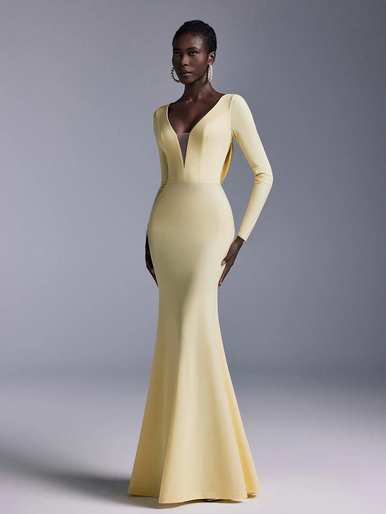 Elitara Elegant Glamorous Backless Long Sleeve Mermaid Dress,Light Yellow Spring Evening Wedding Stretchy - image 6