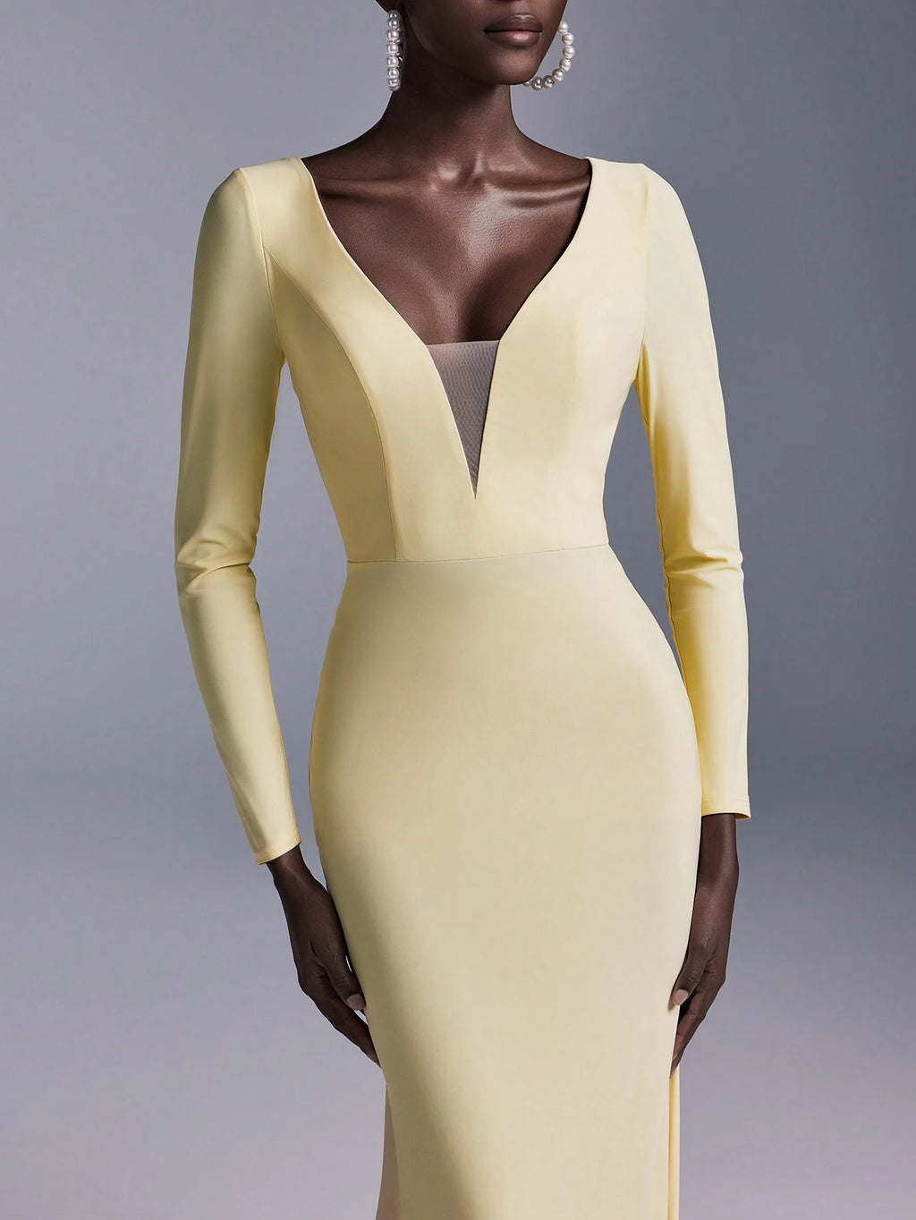 Elitara Elegant Glamorous Backless Long Sleeve Mermaid Dress,Light Yellow Spring Evening Wedding Stretchy - image 5