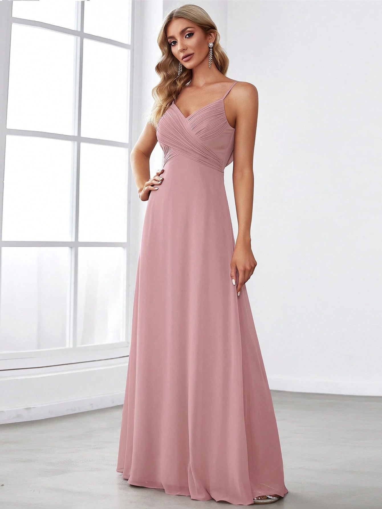 EVERPRETTY Spring Chiffon Spaghetti Strap Backless Pleated Pink