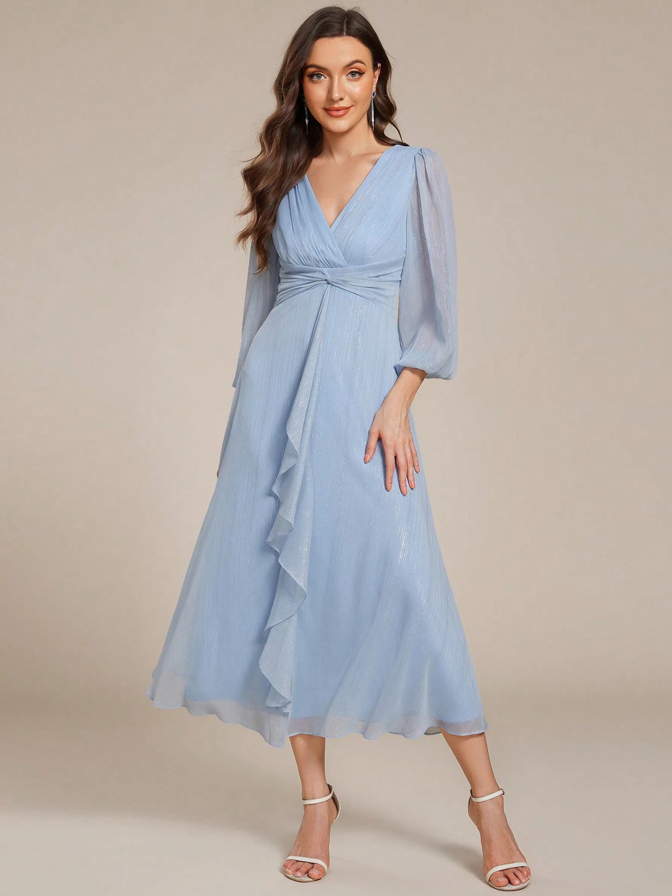 Women's Elegant V-Neck Long Sleeve Formal Dress, Shiny Twist Ruched