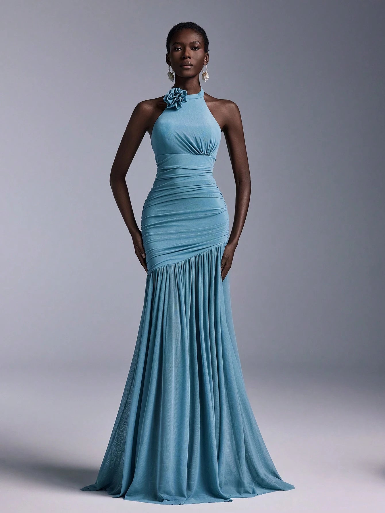 Belle Elegant High Neck Floral Bodice Ruched Mesh Sheer Fishtail Bridesmaid Dress - image 8