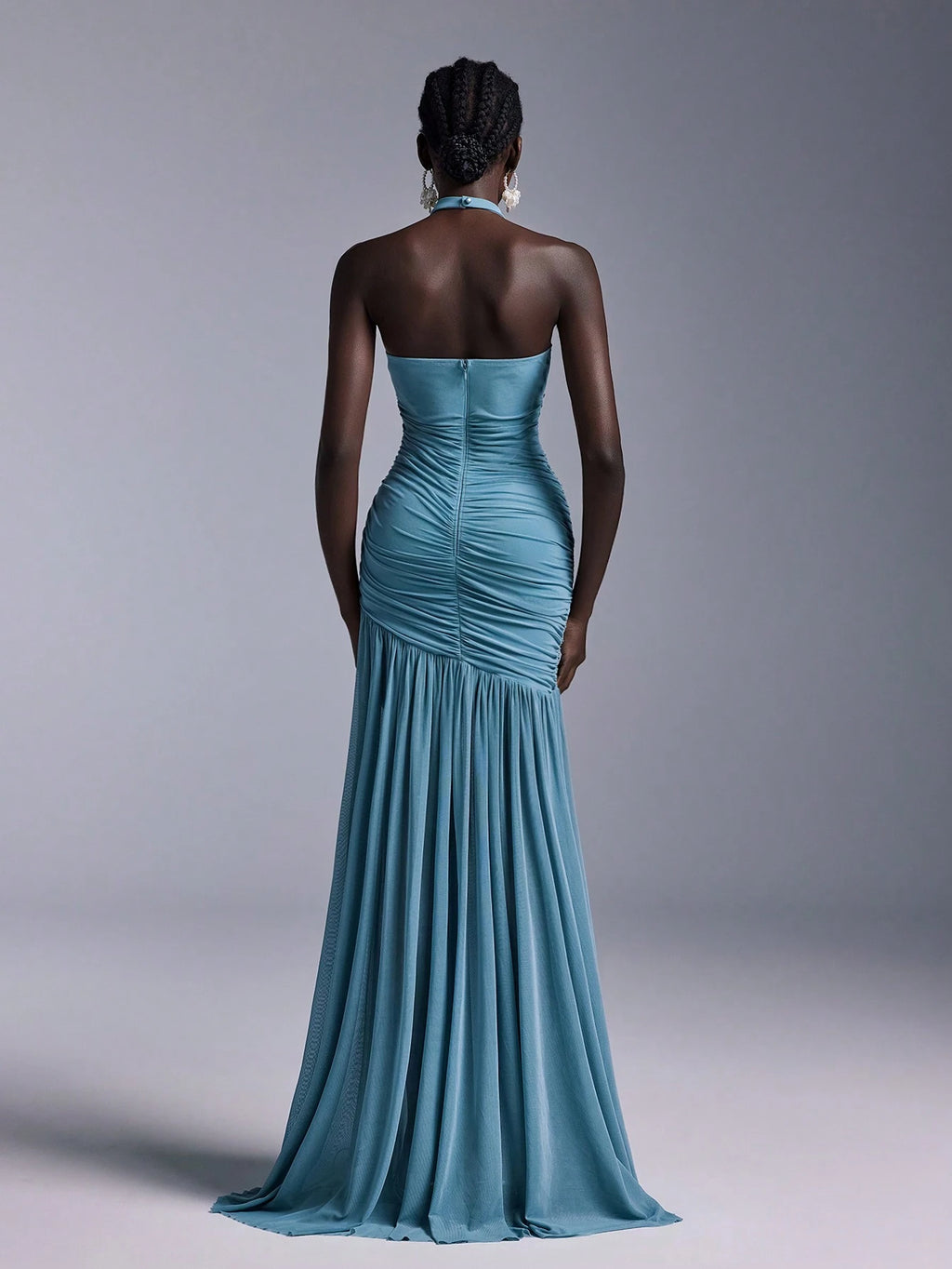 Belle Elegant High Neck Floral Bodice Ruched Mesh Sheer Fishtail Bridesmaid Dress - image 9