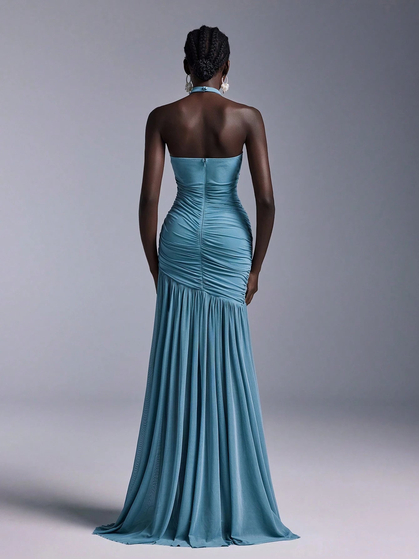 Belle Elegant High Neck Floral Bodice Ruched Mesh Sheer Fishtail Bridesmaid Dress - image 9