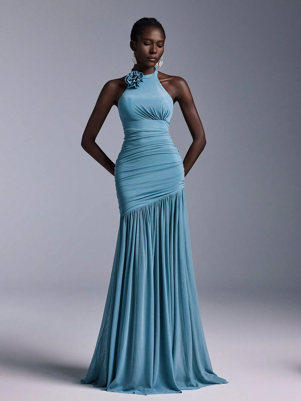 Belle Elegant High Neck Floral Bodice Ruched Mesh Sheer Fishtail Bridesmaid Dress - image 18