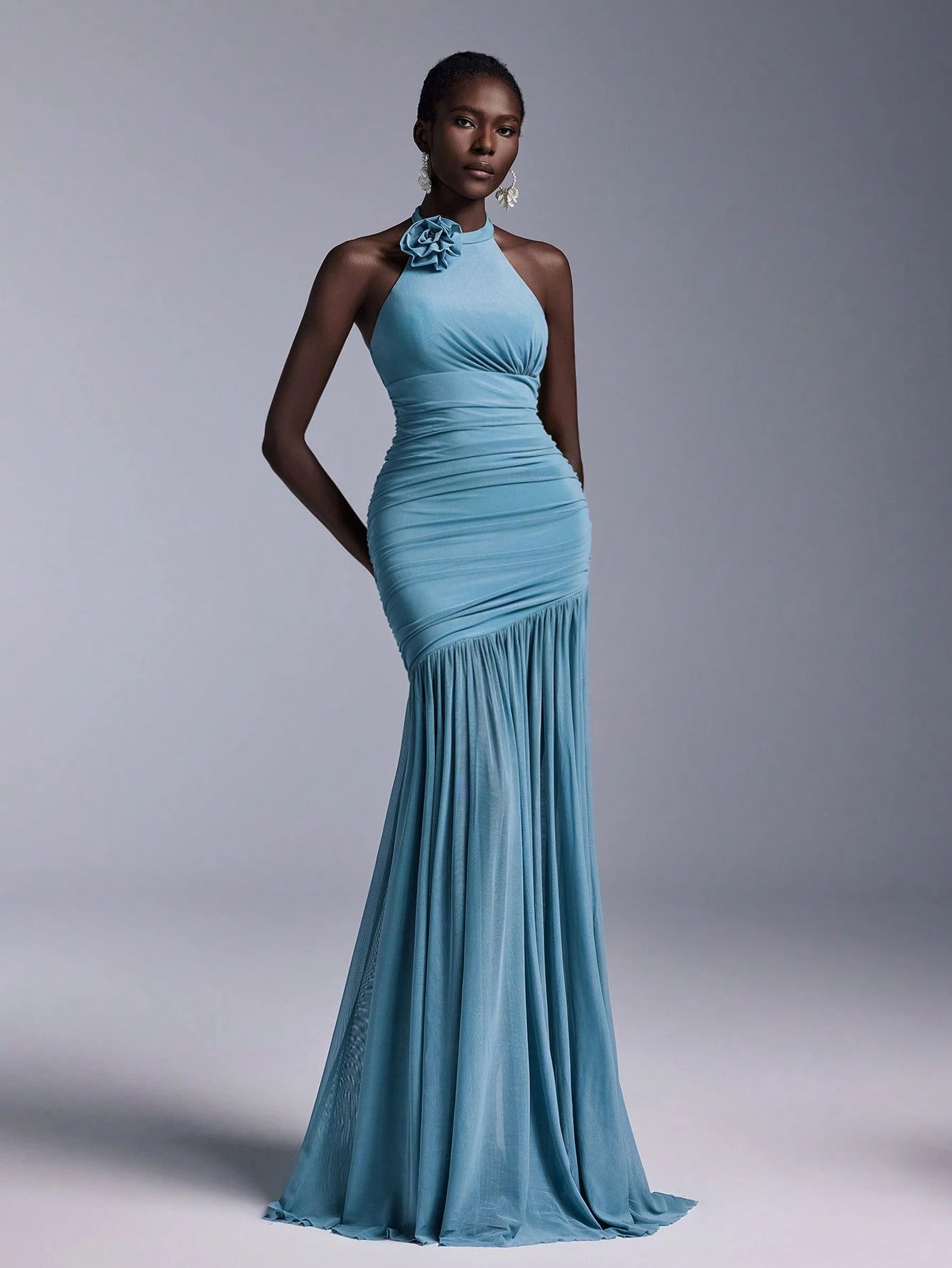 Belle Elegant High Neck Floral Bodice Ruched Mesh Sheer Fishtail Bridesmaid Dress - image 19