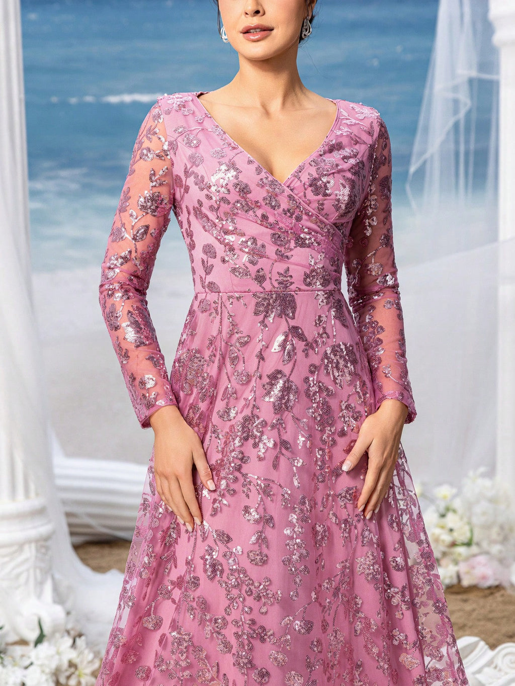 Faeriesty Mosy Elegant Floral Sequin Cross Neck Mother Of The Bride Formal Dress - image 12