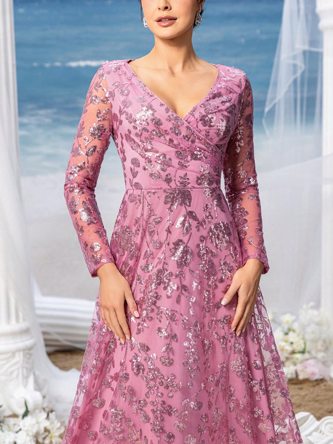 Faeriesty Mosy Elegant Floral Sequin Cross Neck Mother Of The Bride Formal Dress - image 12