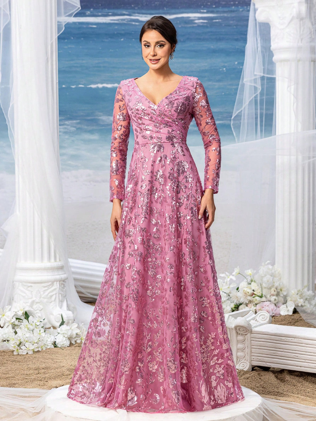 Faeriesty Mosy Elegant Floral Sequin Cross Neck Mother Of The Bride Formal Dress - image 11