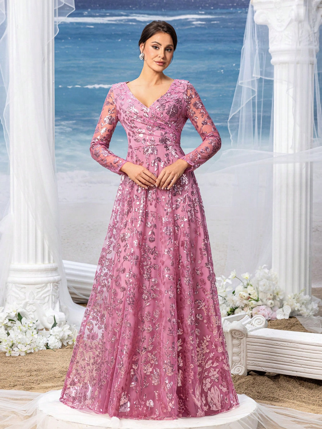 Faeriesty Mosy Elegant Floral Sequin Cross Neck Mother Of The Bride Formal Dress - image 10