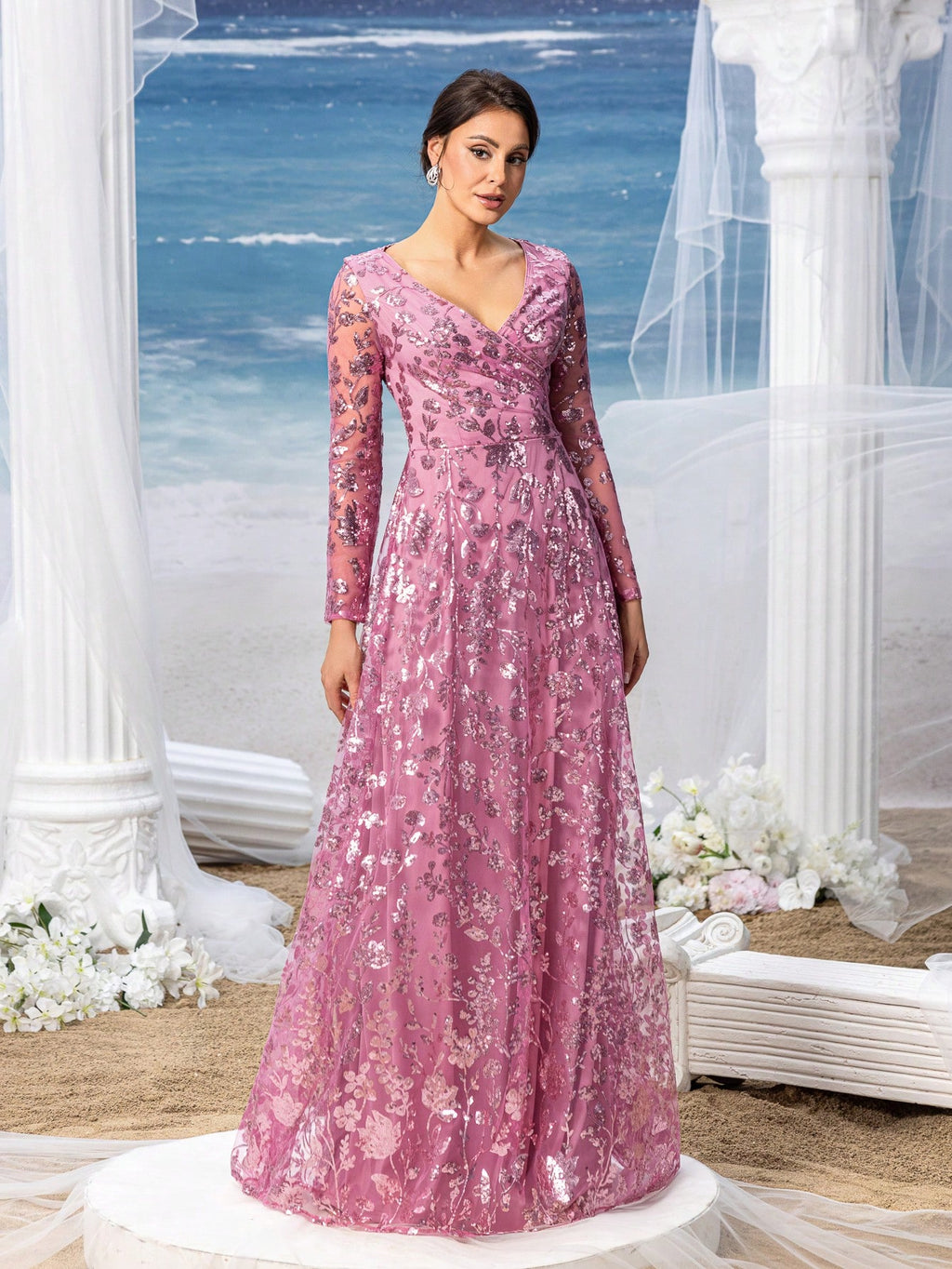 Faeriesty Mosy Elegant Floral Sequin Cross Neck Mother Of The Bride Formal Dress - image 14