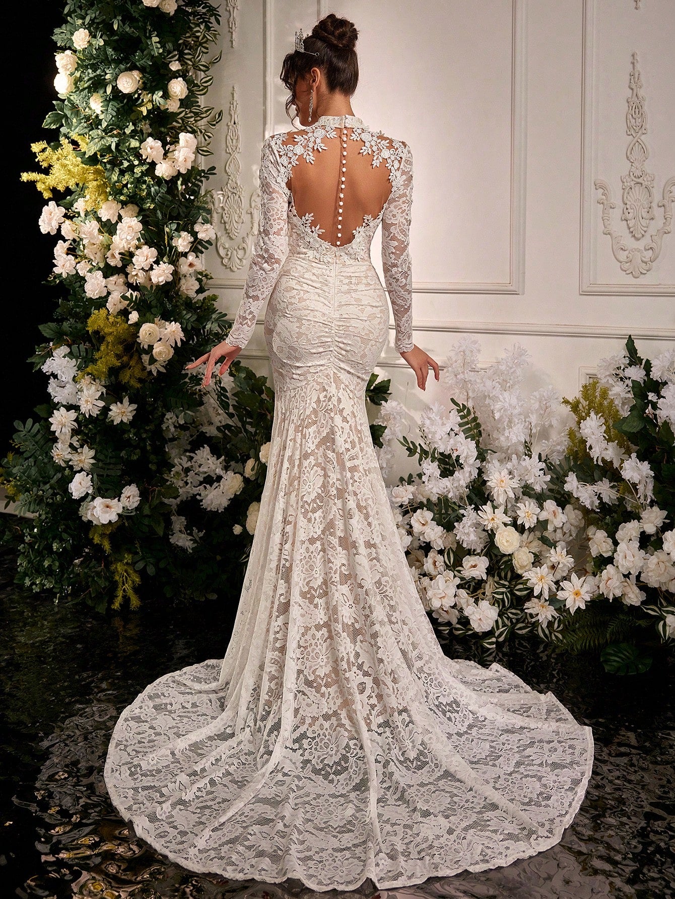 Belle Black Winter Elegant Formal Goth Evening Wedding Luxurious Embroidered Stretchy Lace Sheer Long Sleeve