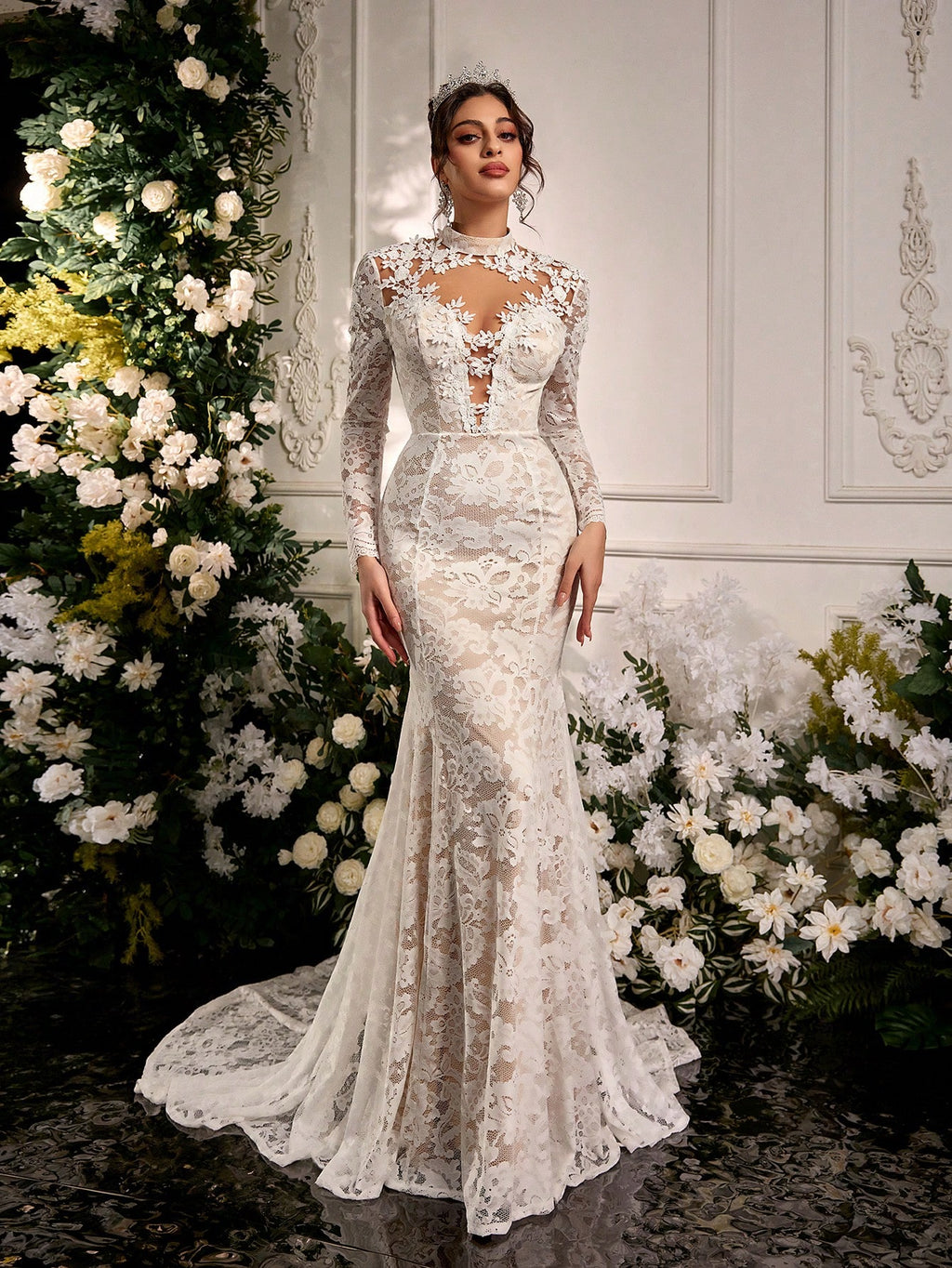 Belle Black Winter Elegant Formal Goth Evening Wedding Luxurious Embroidered Stretchy Lace Sheer Long Sleeve - image 3