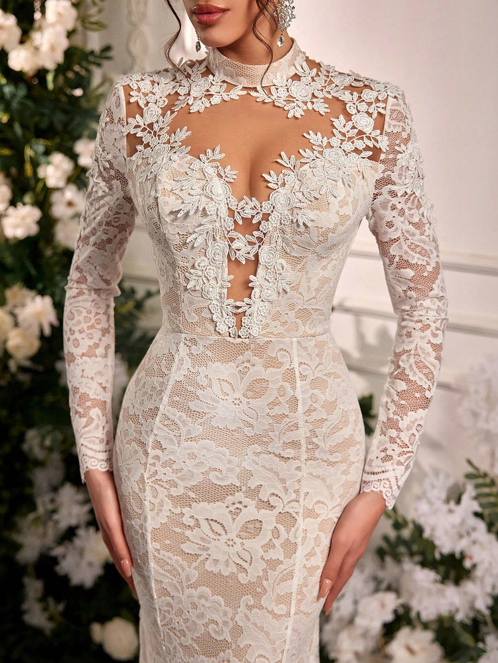 Belle Black Winter Elegant Formal Goth Evening Wedding Luxurious Embroidered Stretchy Lace Sheer Long Sleeve - image 4