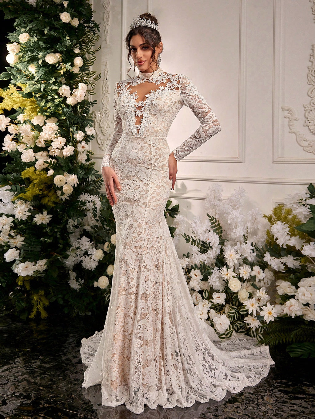 Belle Black Winter Elegant Formal Goth Evening Wedding Luxurious Embroidered Stretchy Lace Sheer Long Sleeve - image 5