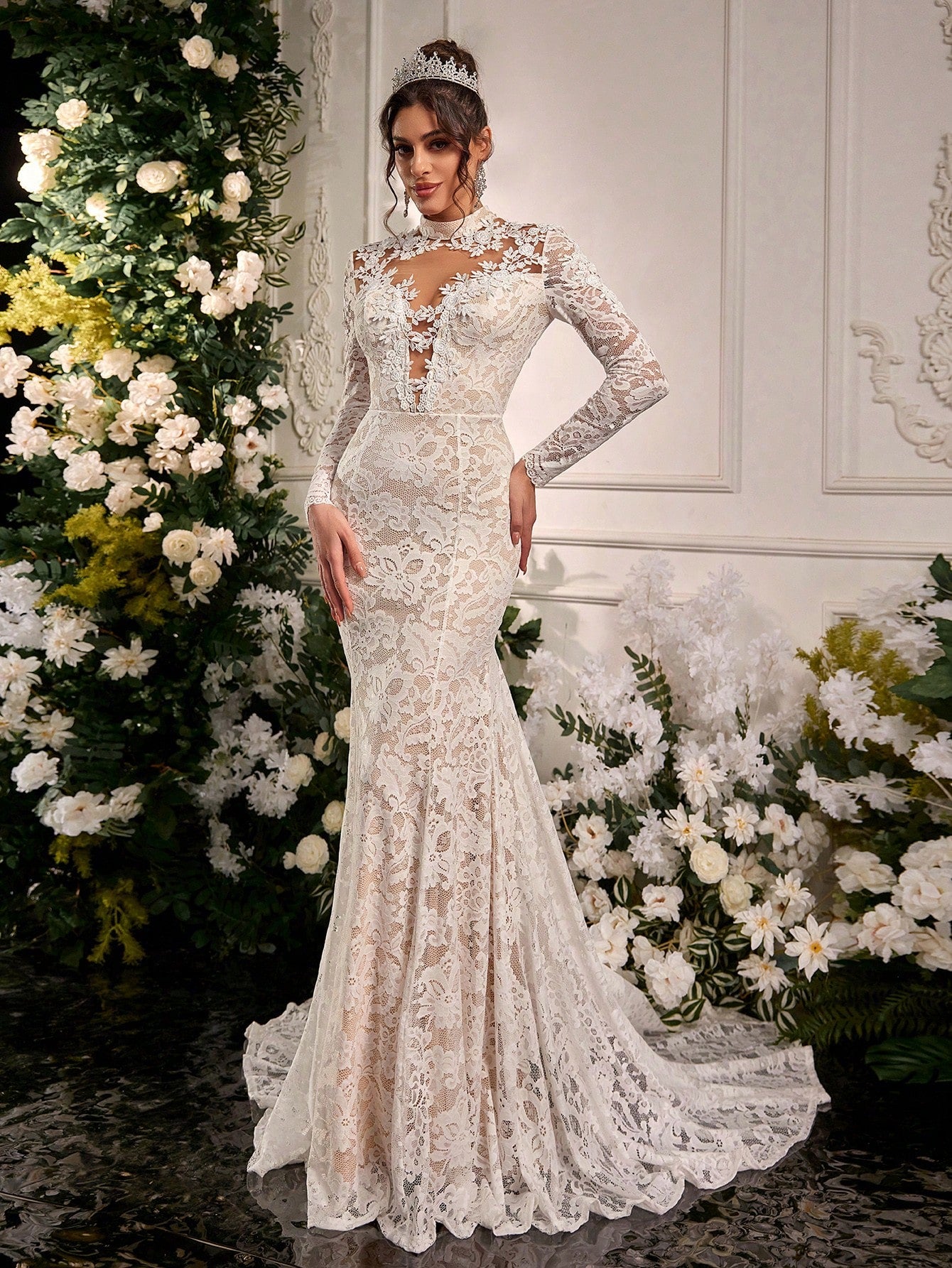 Belle Black Winter Elegant Formal Goth Evening Wedding Luxurious Embroidered Stretchy Lace Sheer Long Sleeve - image 5