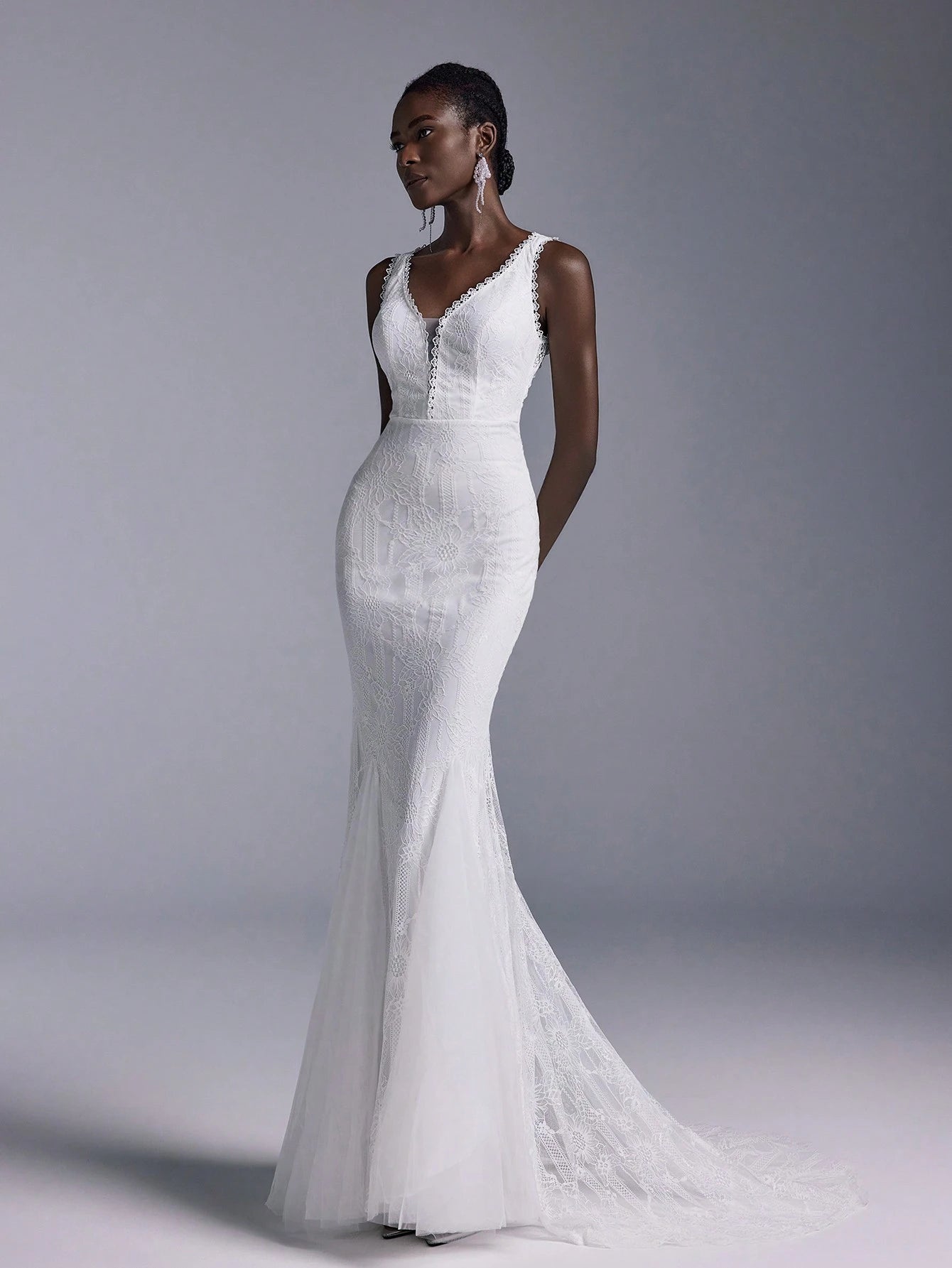 Elitara Women's Elegant White Spring Formal Party Wedding Bridal Dress,Deep V Neck Backless Lace Splicing - image 2