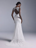 Elitara Women's Elegant White Spring Formal Party Wedding Bridal Dress,Deep V Neck Backless Lace Splicing