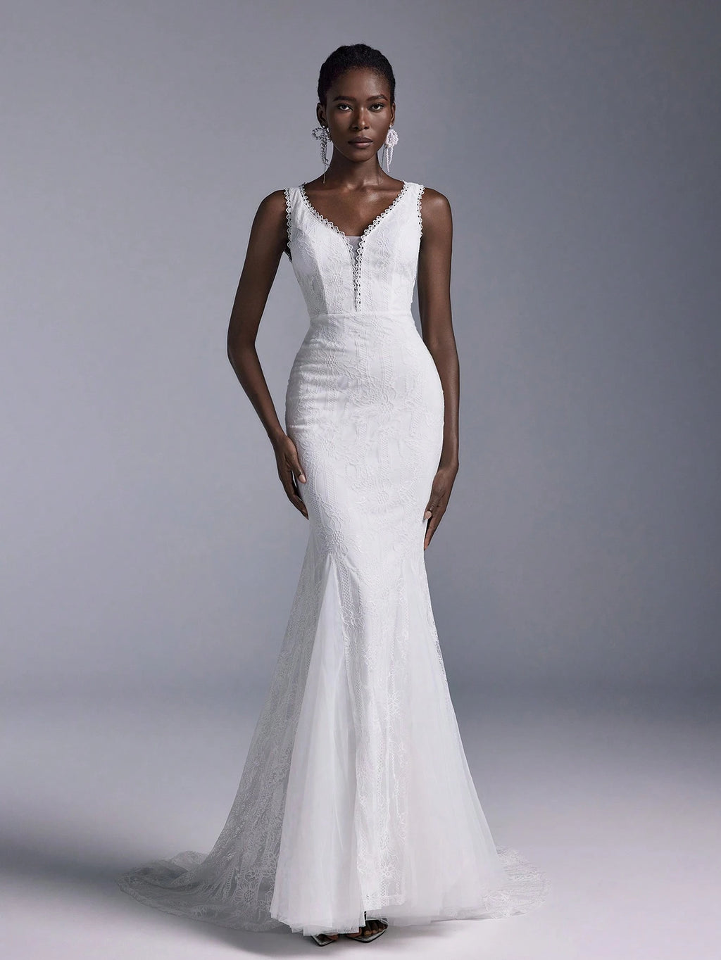Elitara Women's Elegant White Spring Formal Party Wedding Bridal Dress,Deep V Neck Backless Lace Splicing - image 5