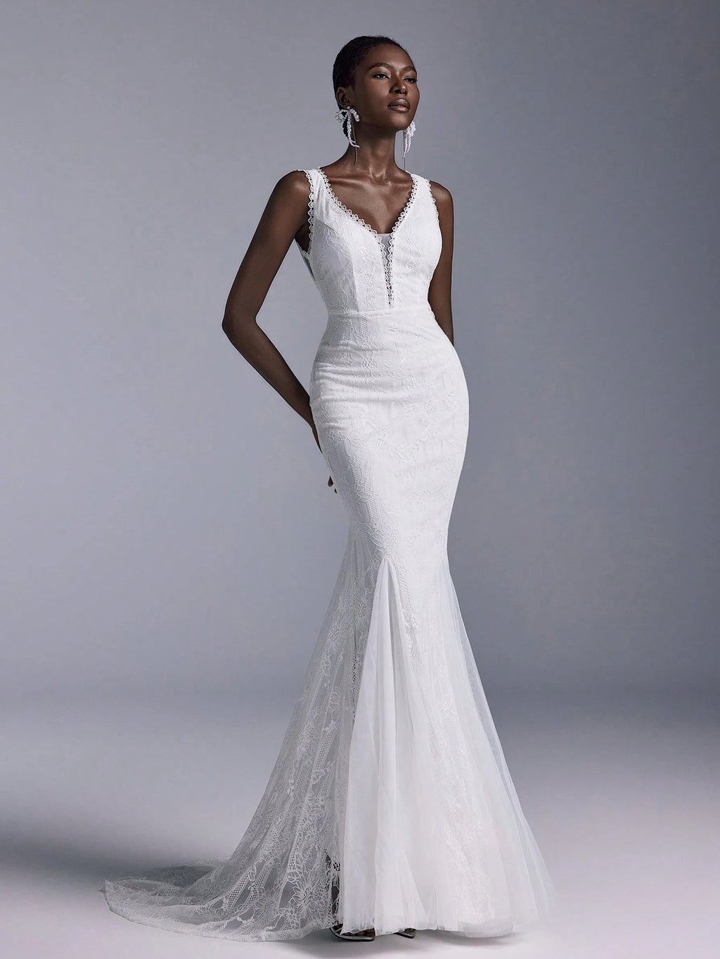 Elitara Women's Elegant White Spring Formal Party Wedding Bridal Dress,Deep V Neck Backless Lace Splicing - image 6