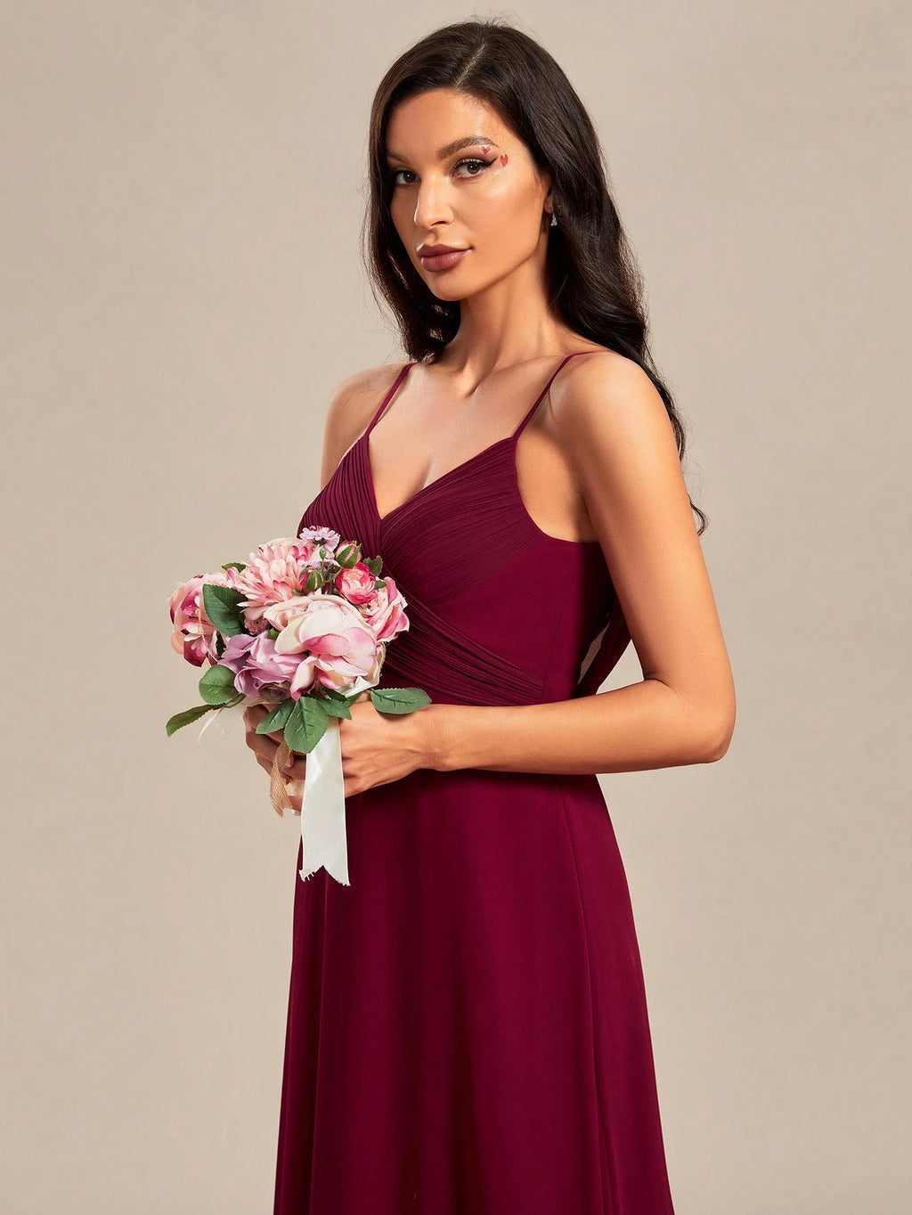 EVERPRETTY Spring Chiffon Spaghetti Strap Backless Pleated Pink Bridesmaid Dress, Elegant Wedding Guest Dress - image 12