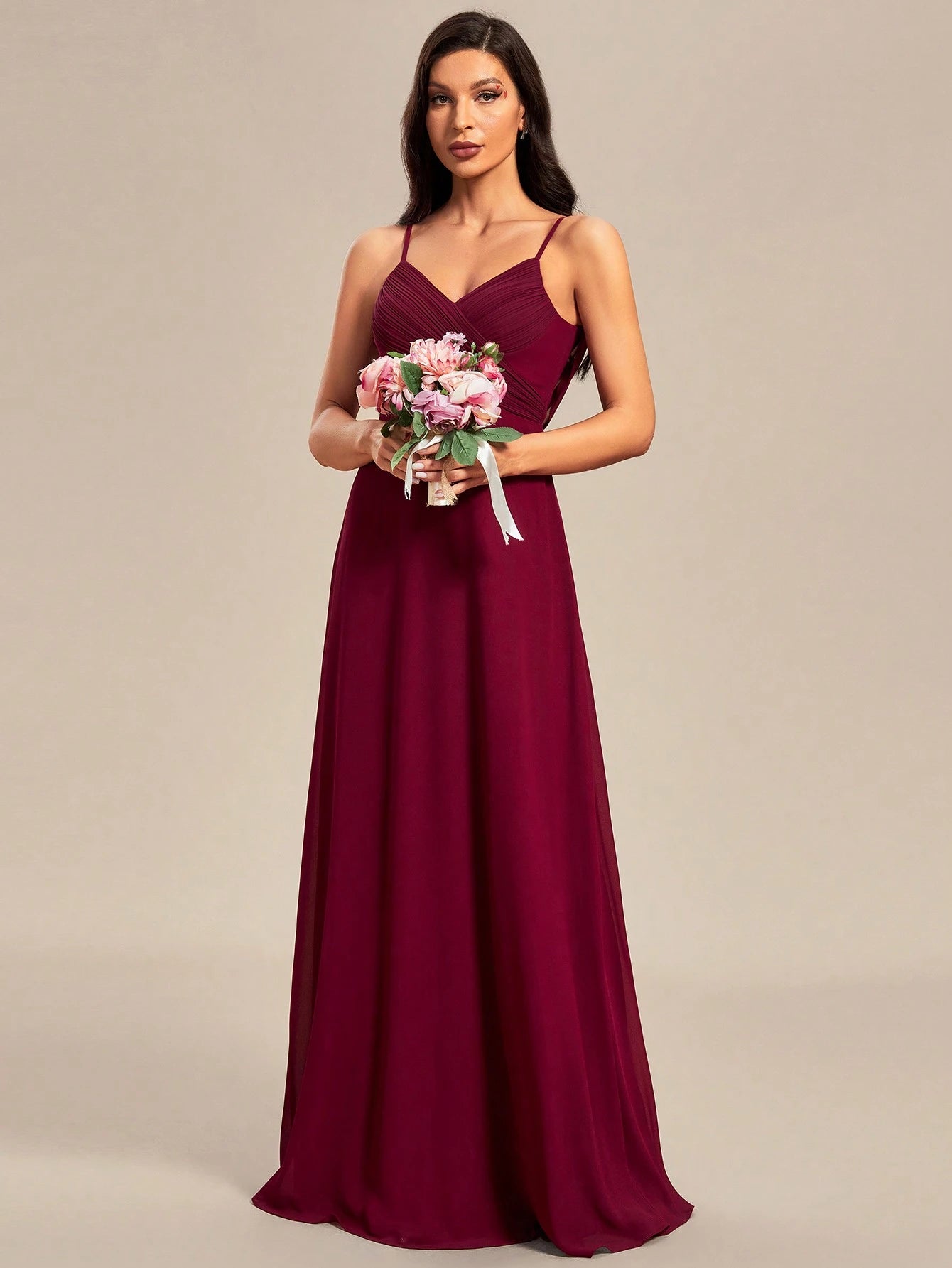 EVERPRETTY Spring Chiffon Spaghetti Strap Backless Pleated Pink Bridesmaid Dress, Elegant Wedding Guest Dress - image 11