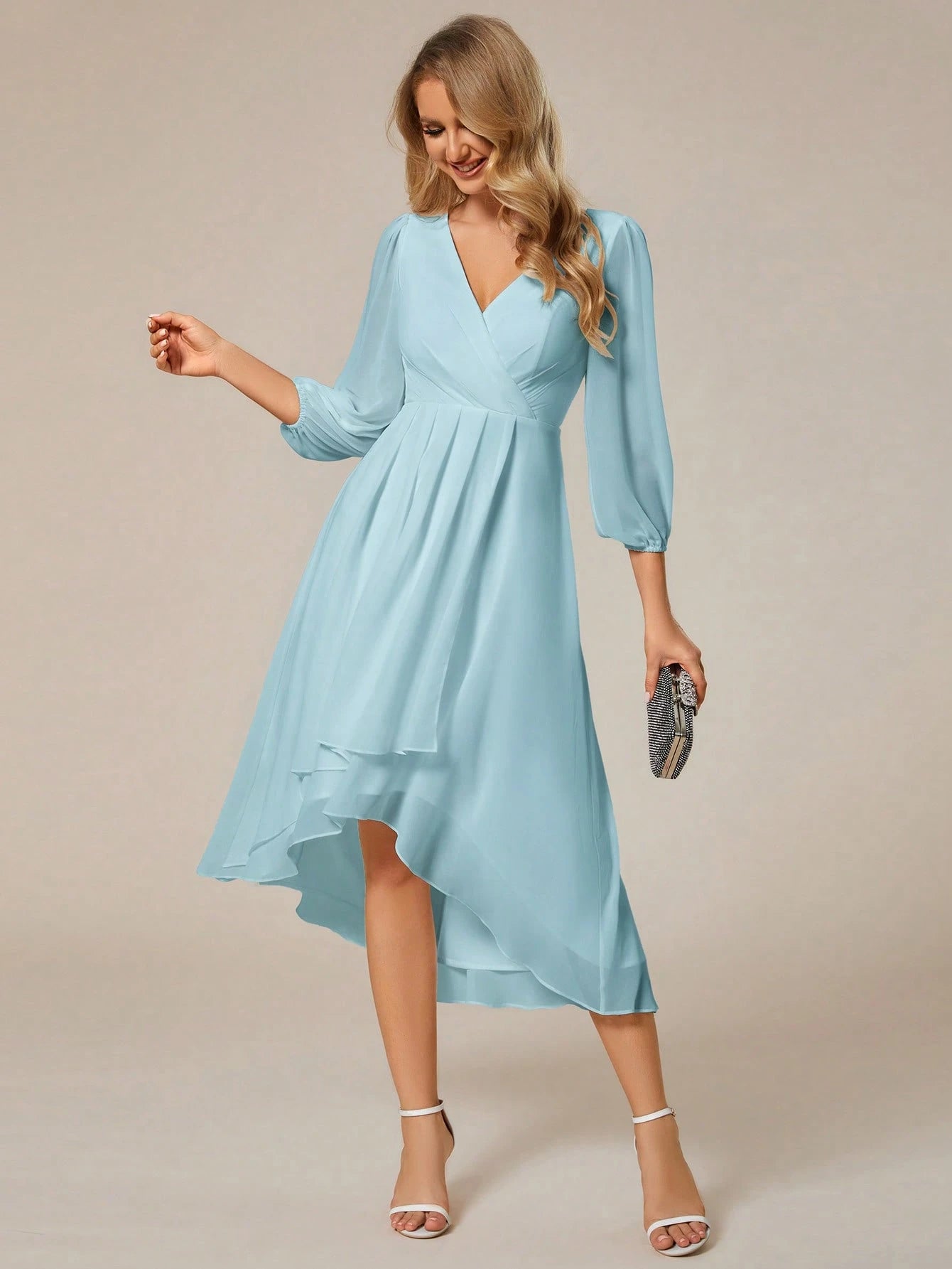 EVERPRETTY Elegant Lantern Sleeve Pleated Chiffon Bridesmaid Dress, Formal Gown, Wedding Guest Dress - image 11