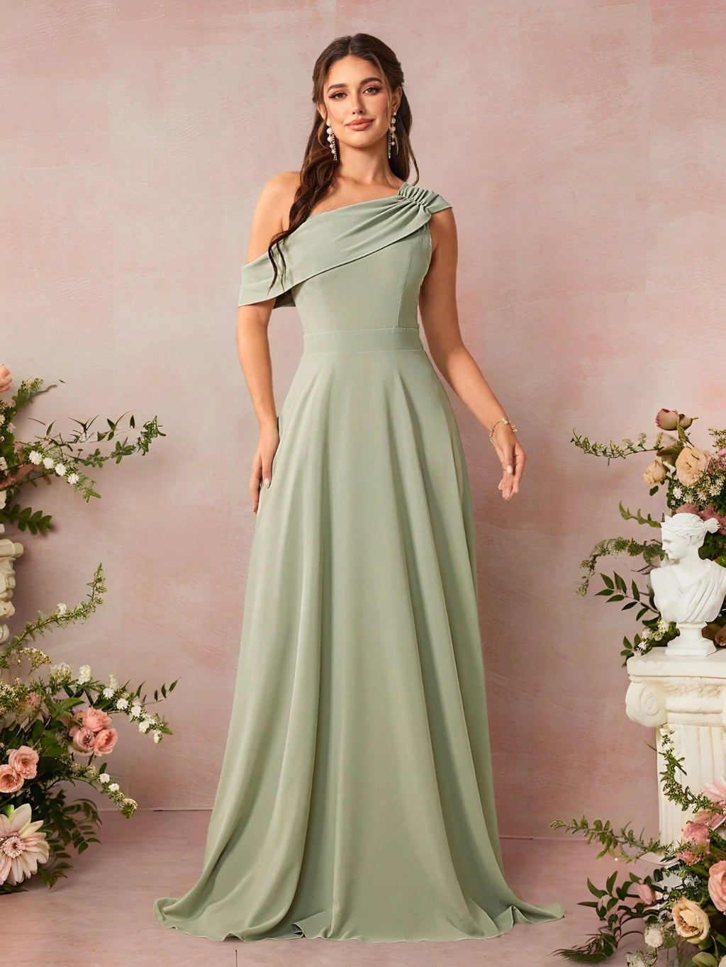 Belle Solid Color Asymmetrical Neckline Bridesmaid Dress Elegant Dress For Christmas