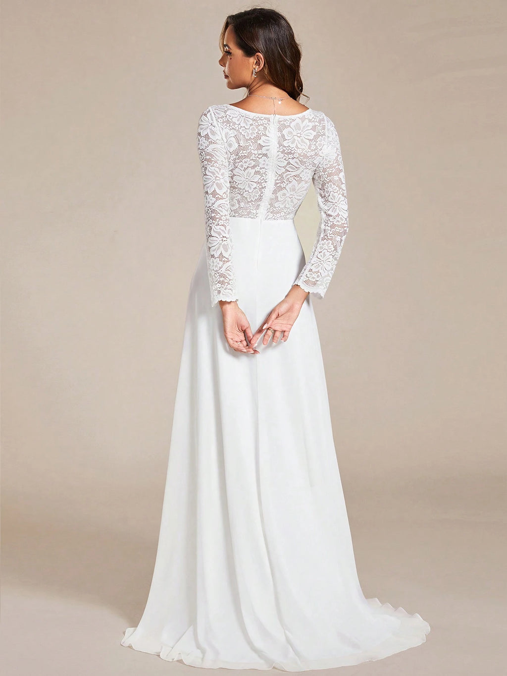 EVERPRETTY Contrast Color Lace V-Neck Floor-Length Wedding Dress With Train, White Elegant Long Sleeve Bridal - image 3