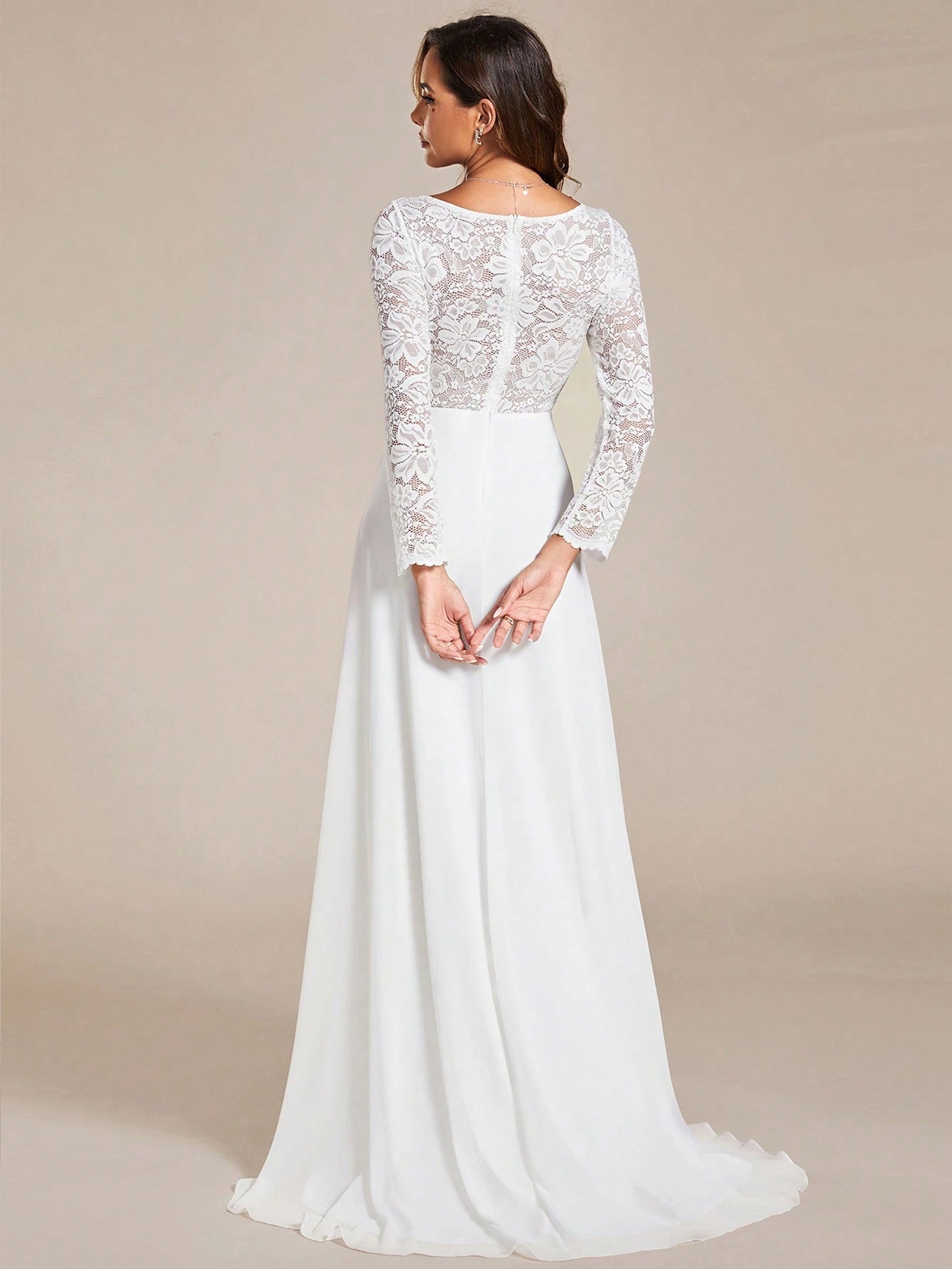 EVERPRETTY Contrast Color Lace V-Neck Floor-Length Wedding Dress With Train, White Elegant Long Sleeve Bridal - image 3