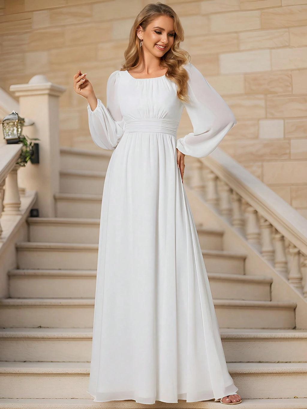 EVERPRETTY Elegant Autumn Special Occasion Chiffon Round Neck Lantern Sleeve Long Sleeve Bridesmaid Dress, - image 13