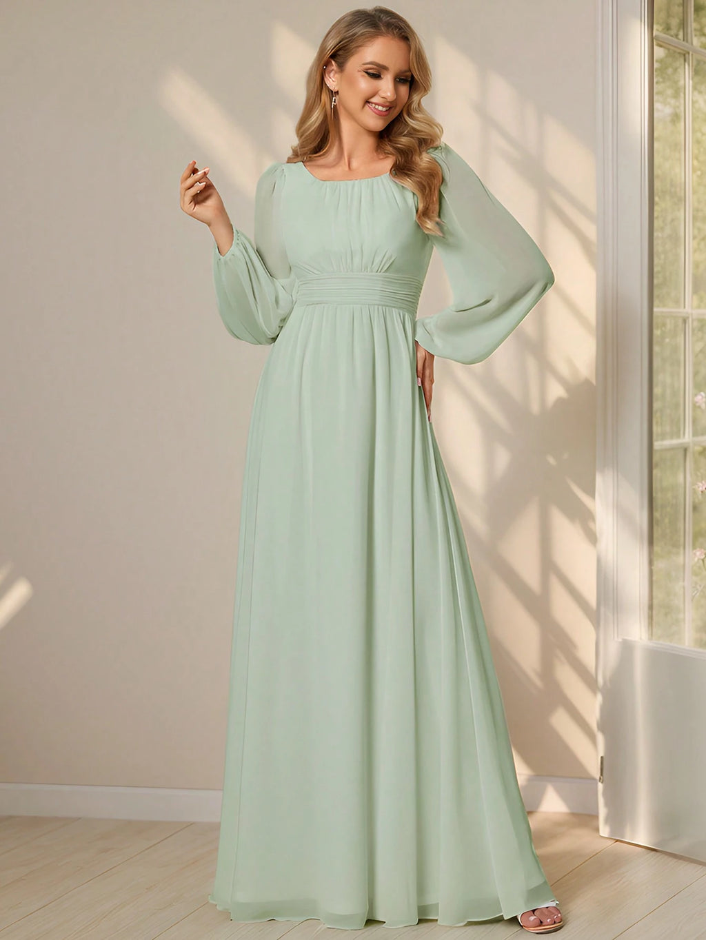 EVERPRETTY Elegant Autumn Special Occasion Chiffon Round Neck Lantern Sleeve Long Sleeve Bridesmaid Dress, - image 7