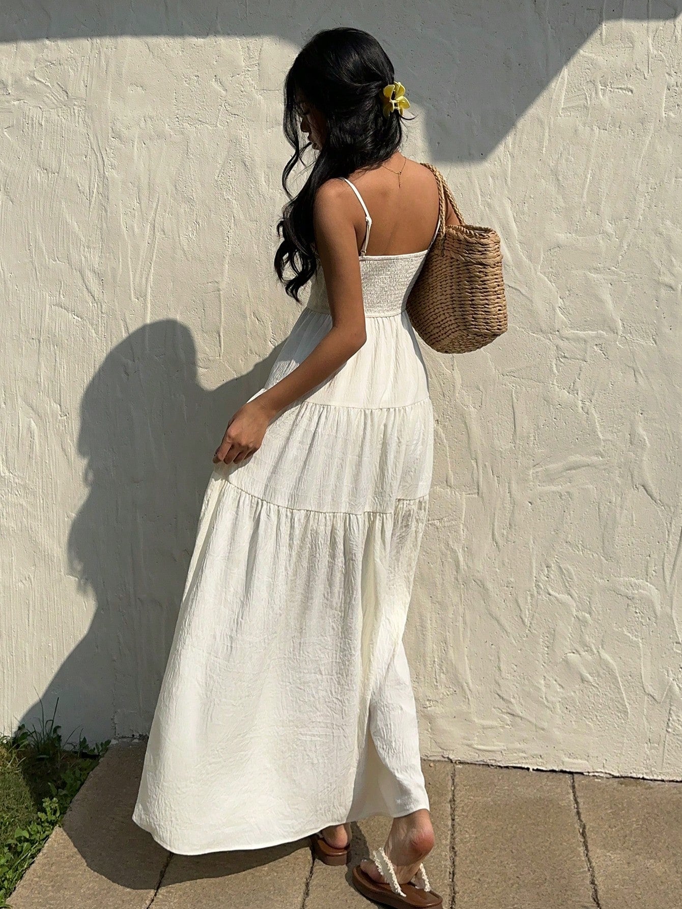 Sunnyshic Light Apricot Textured Fabric Pleated Tube Top Wide Loose Waist Dress With Spaghetti Straps, - image 2