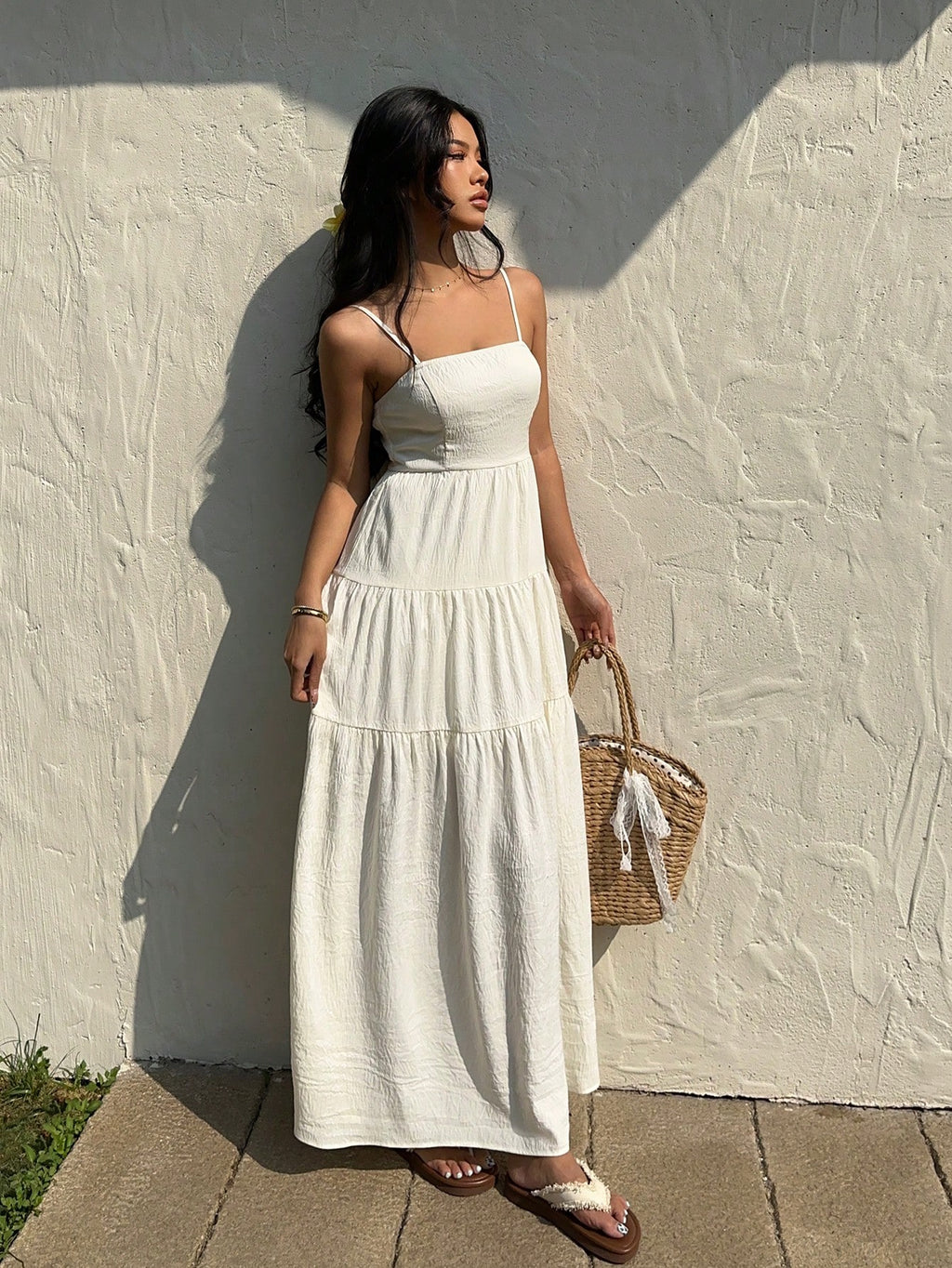 Sunnyshic Light Apricot Textured Fabric Pleated Tube Top Wide Loose