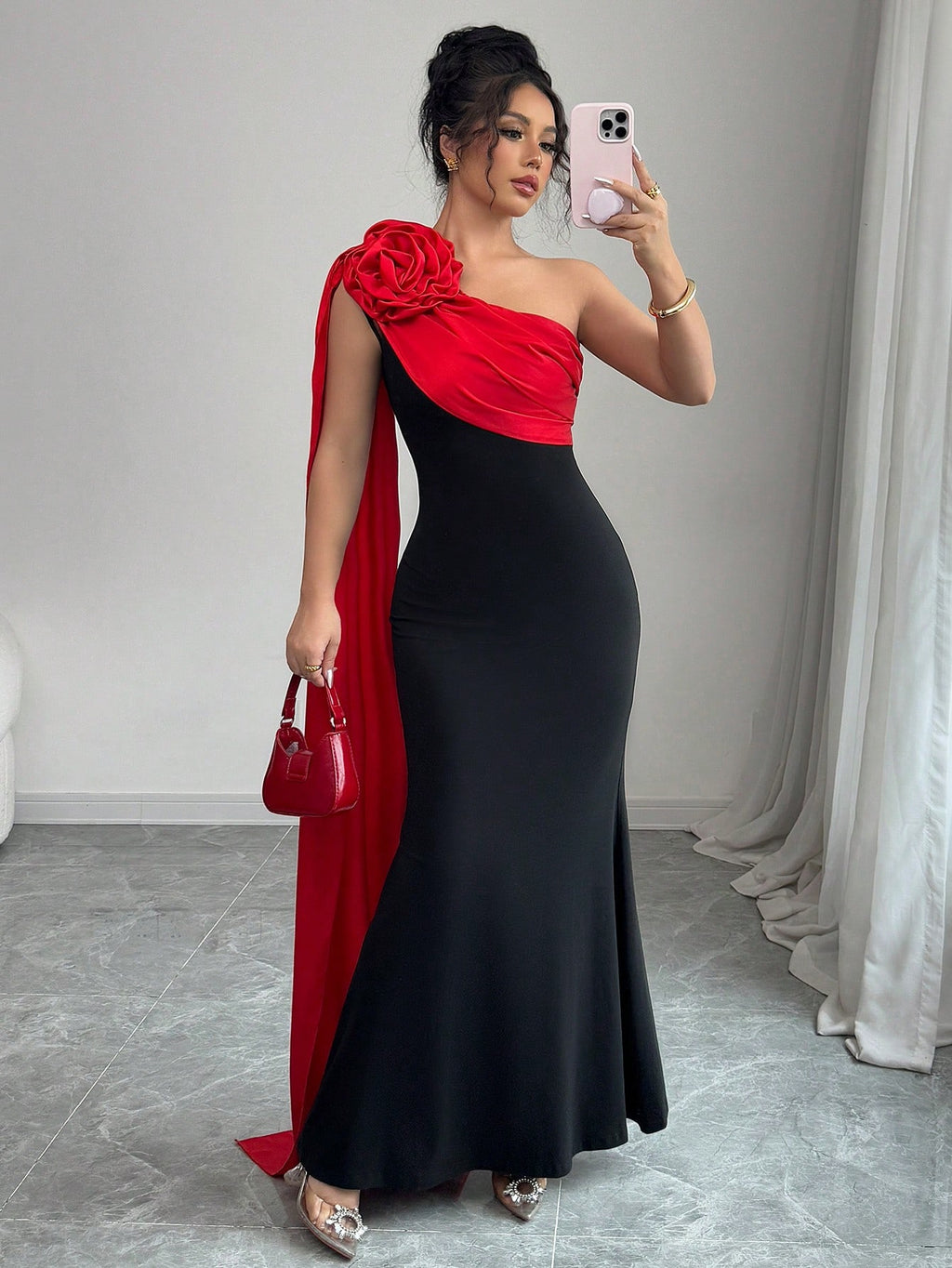 Rafferiza Black Elegant Lady-Like Patchwork Satin Tiered Red Flower