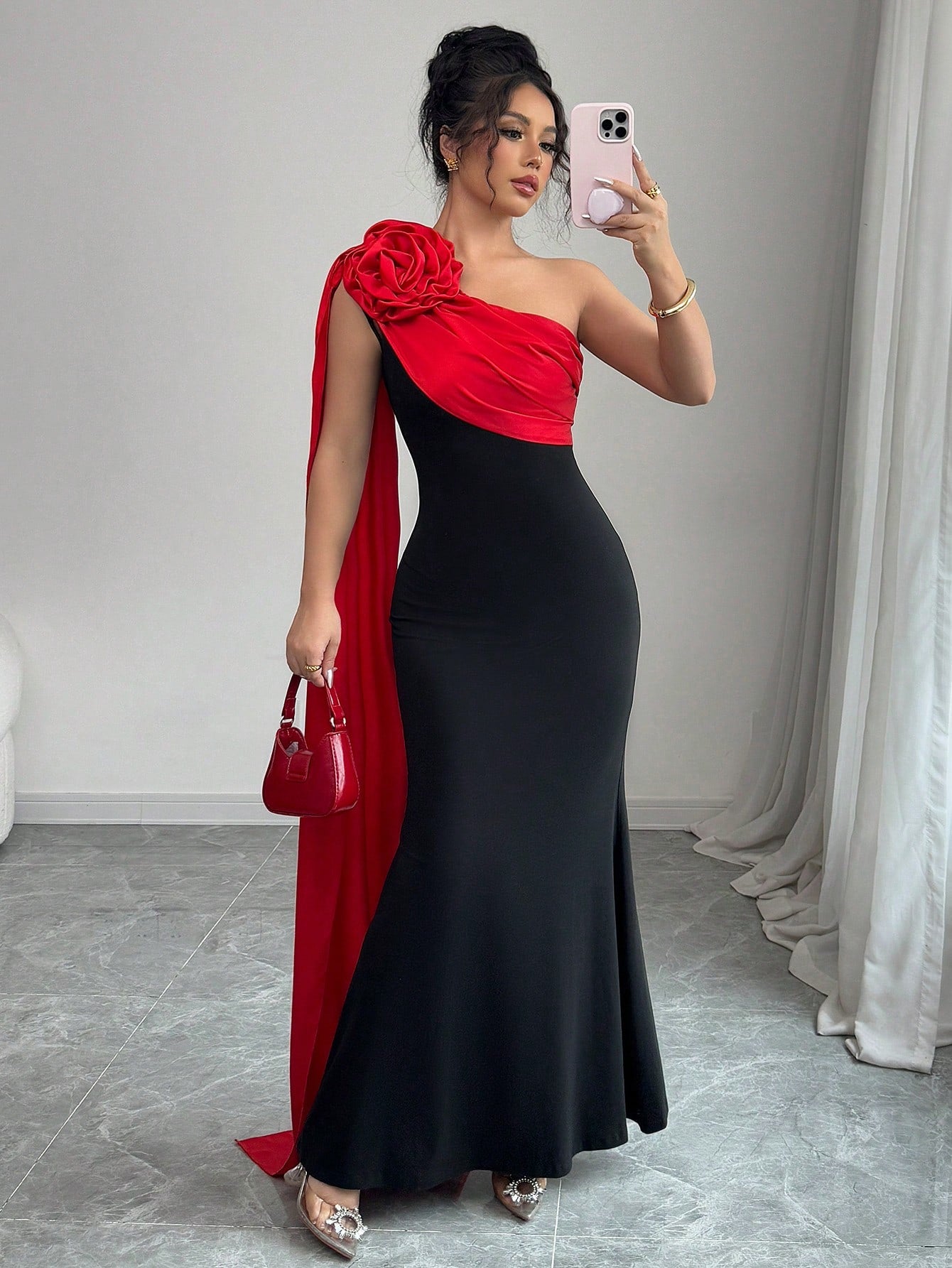 Rafferiza Black Elegant Lady-Like Patchwork Satin Tiered Red Flower