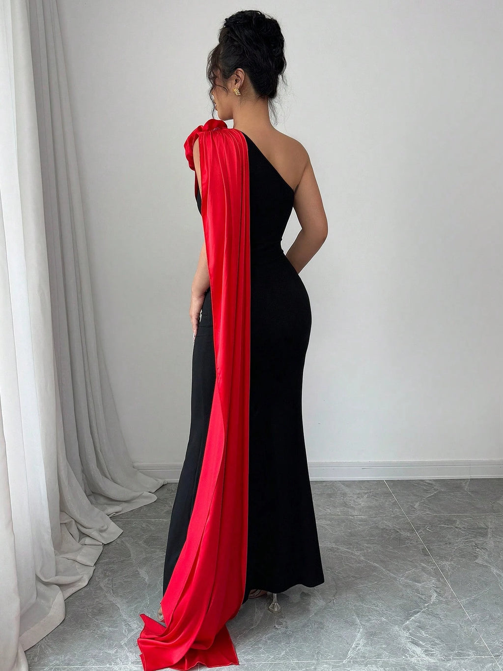 Rafferiza Black Elegant Lady-Like Patchwork Satin Tiered Red Flower