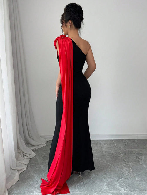 Rafferiza Black Elegant Lady-Like Patchwork Satin Tiered Red Flower Maxi Dress For Women - image 2