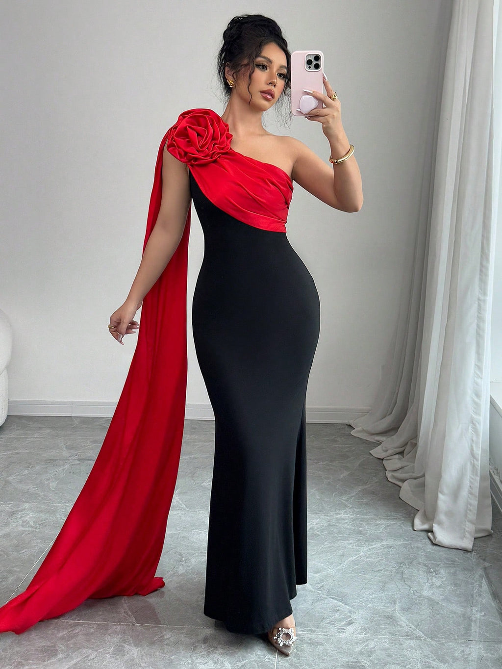 Rafferiza Black Elegant Lady-Like Patchwork Satin Tiered Red Flower