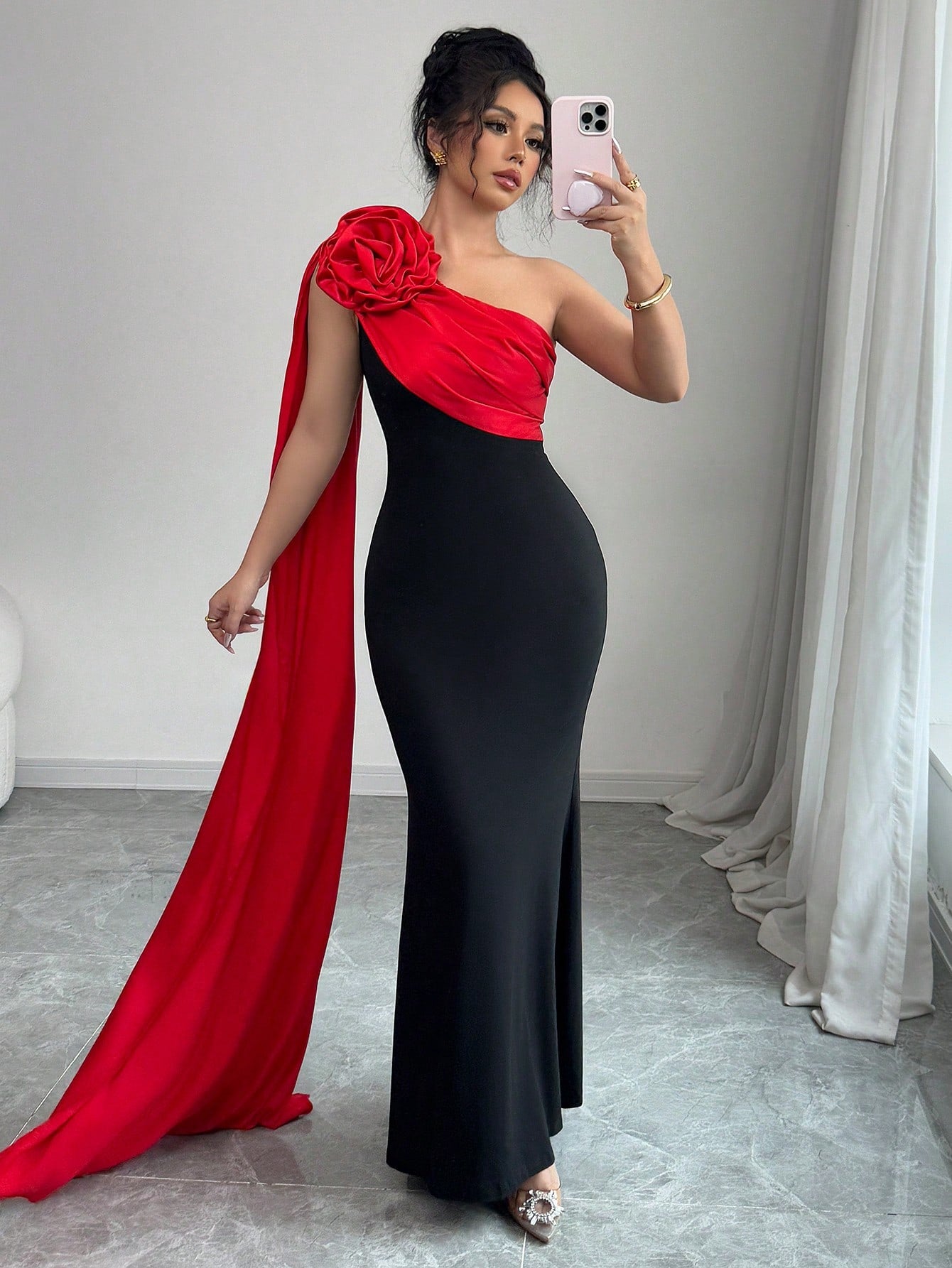 Rafferiza Black Elegant Lady-Like Patchwork Satin Tiered Red Flower