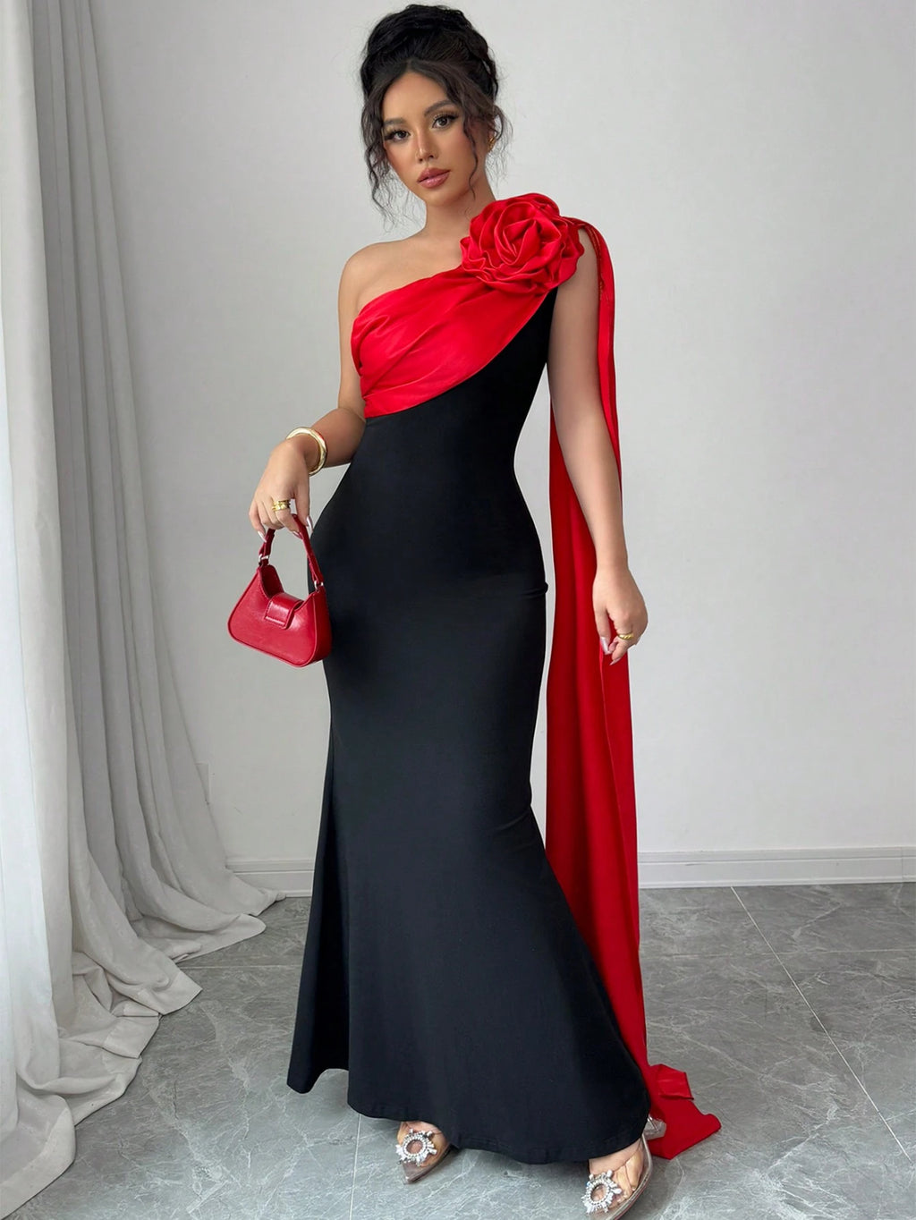 Rafferiza Black Elegant Lady-Like Patchwork Satin Tiered Red Flower