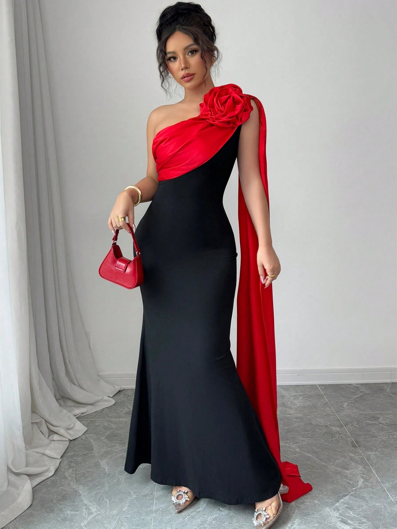 Rafferiza Black Elegant Lady-Like Patchwork Satin Tiered Red Flower Maxi Dress For Women - image 4