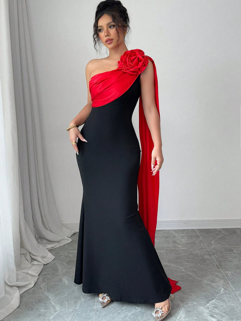Rafferiza Black Elegant Lady-Like Patchwork Satin Tiered Red Flower