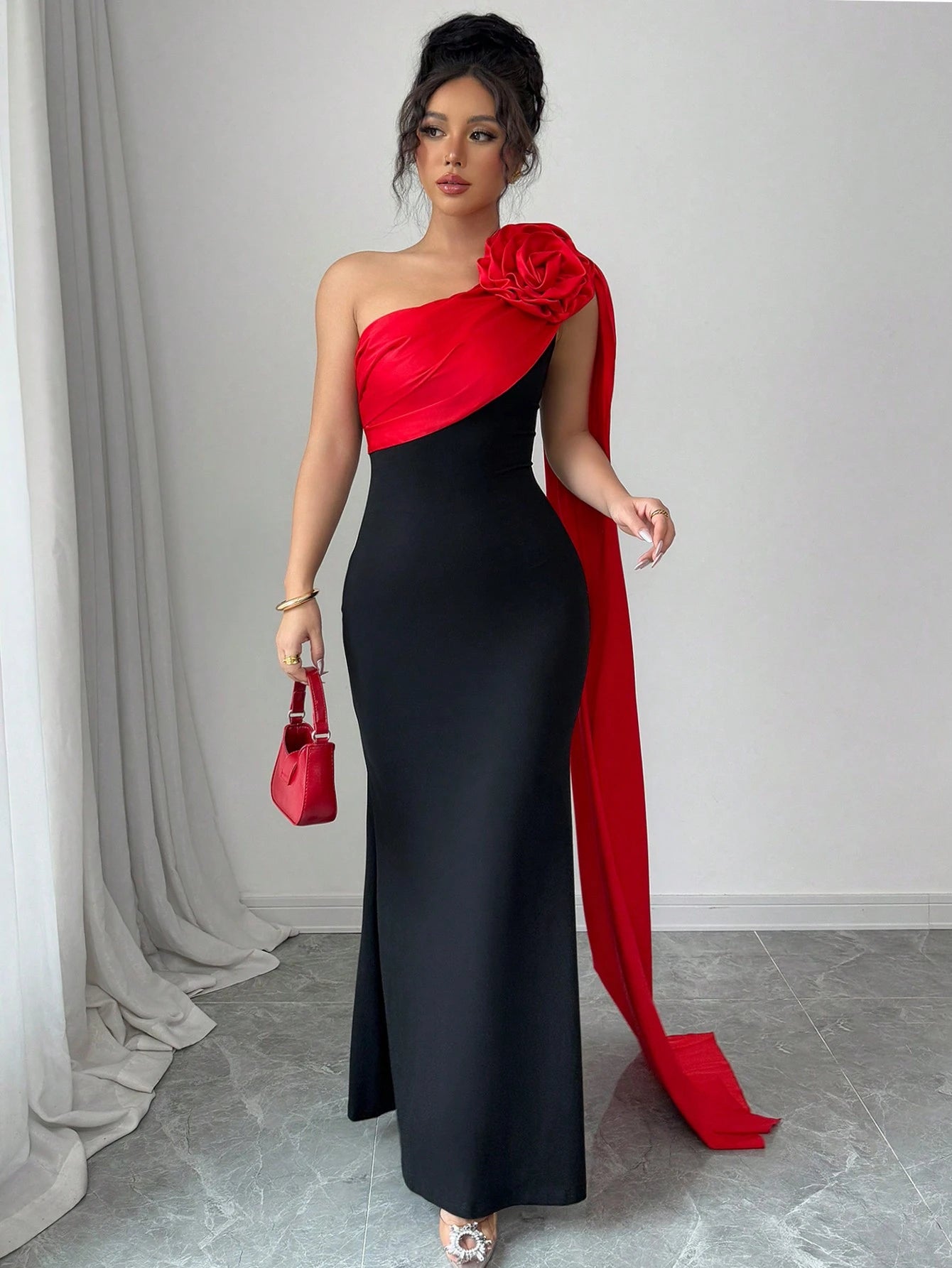 Rafferiza Black Elegant Lady-Like Patchwork Satin Tiered Red Flower