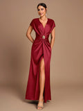 Belle Elegant Romantic Coffee Color Pleated Short Sleeve A-Line Split Bridesmaid Dress