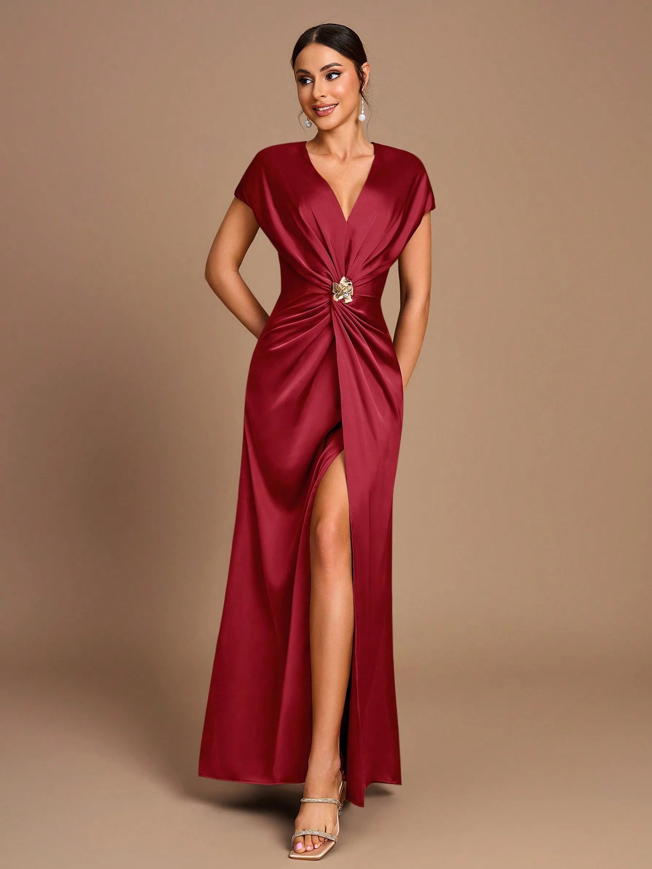 Belle Elegant Romantic Coffee Color Pleated Short Sleeve A-Line Split Bridesmaid Dress