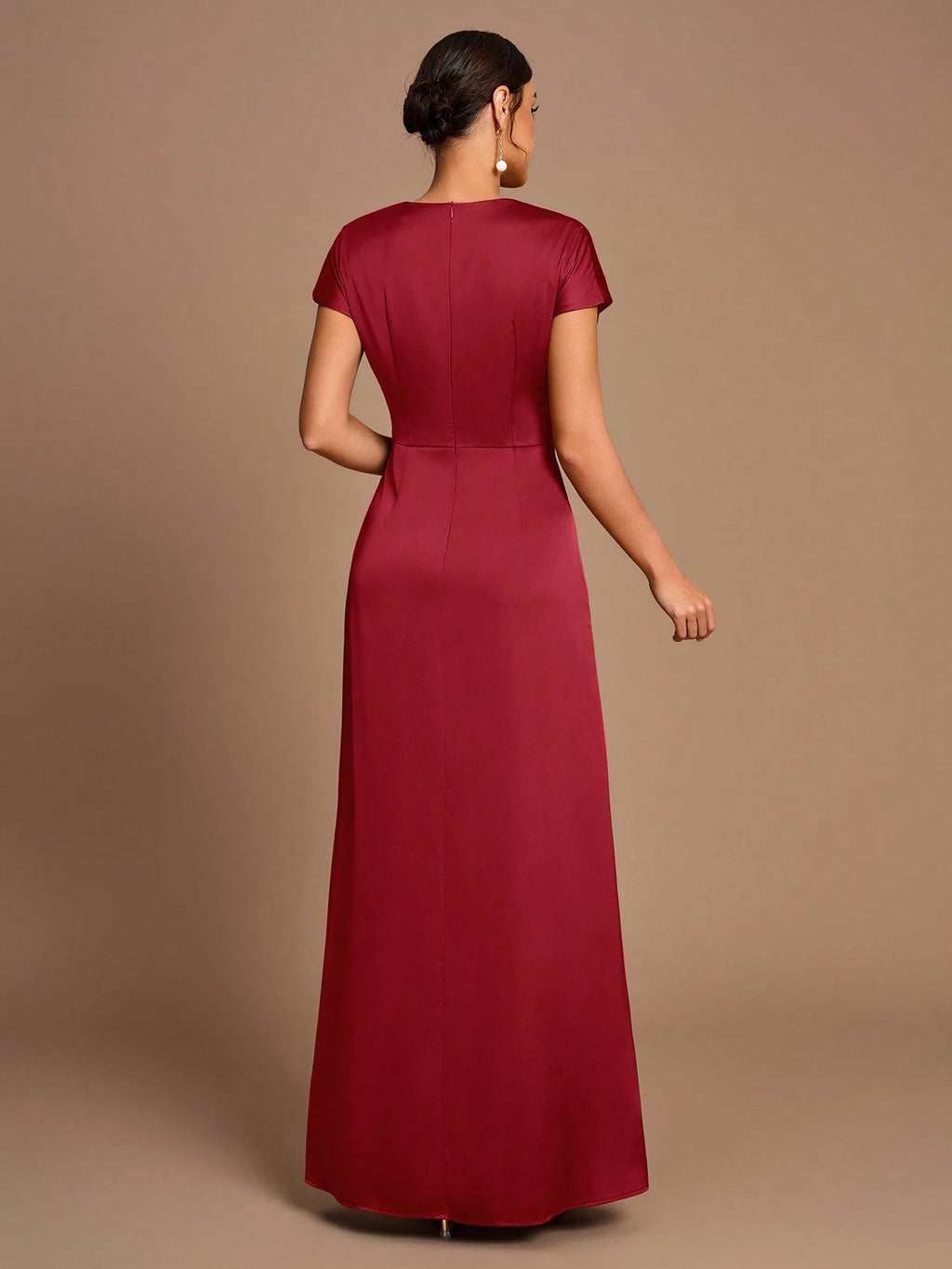 Belle Elegant Romantic Coffee Color Pleated Short Sleeve A-Line Split Bridesmaid Dress - image 3