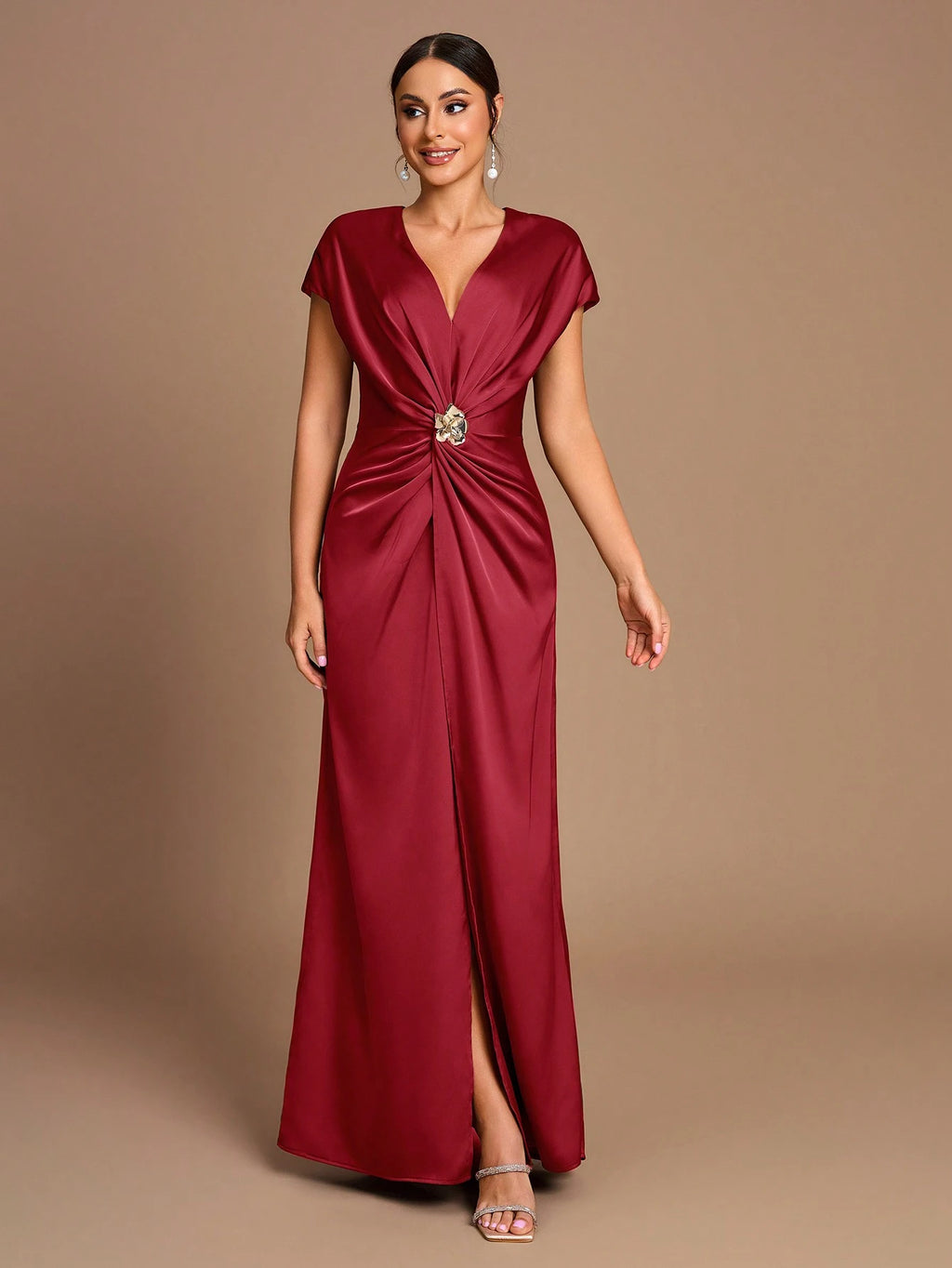 Belle Elegant Romantic Coffee Color Pleated Short Sleeve A-Line Split Bridesmaid Dress - image 6