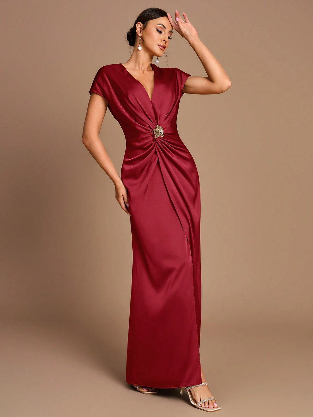 Belle Elegant Romantic Coffee Color Pleated Short Sleeve A-Line Split Bridesmaid Dress - image 7