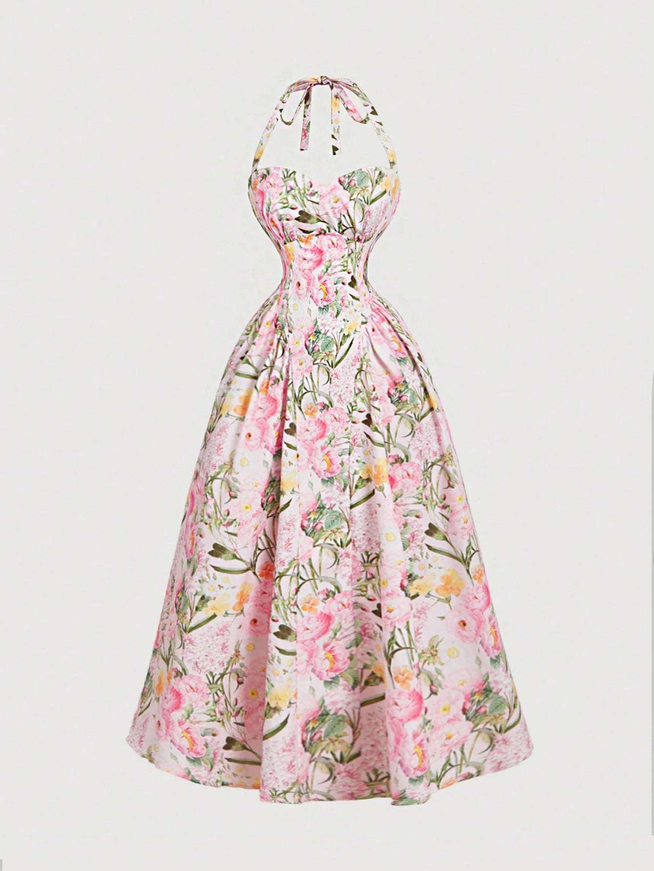MOD Women's Romantic Floral Print Halter Mid-Length Dress Vintage, Wedding Guest Dress - image 9